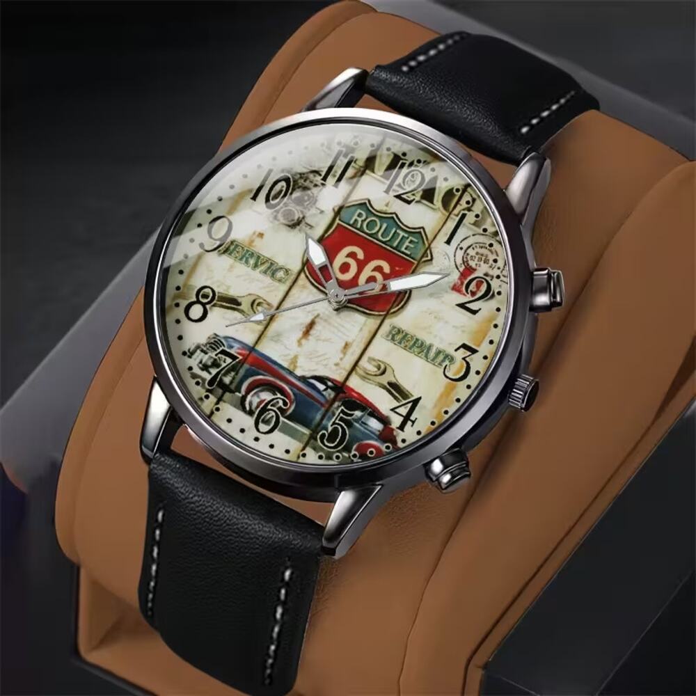 Men's Round Route 66 Watch Dial Black Case Black Faux Leather Strap  New